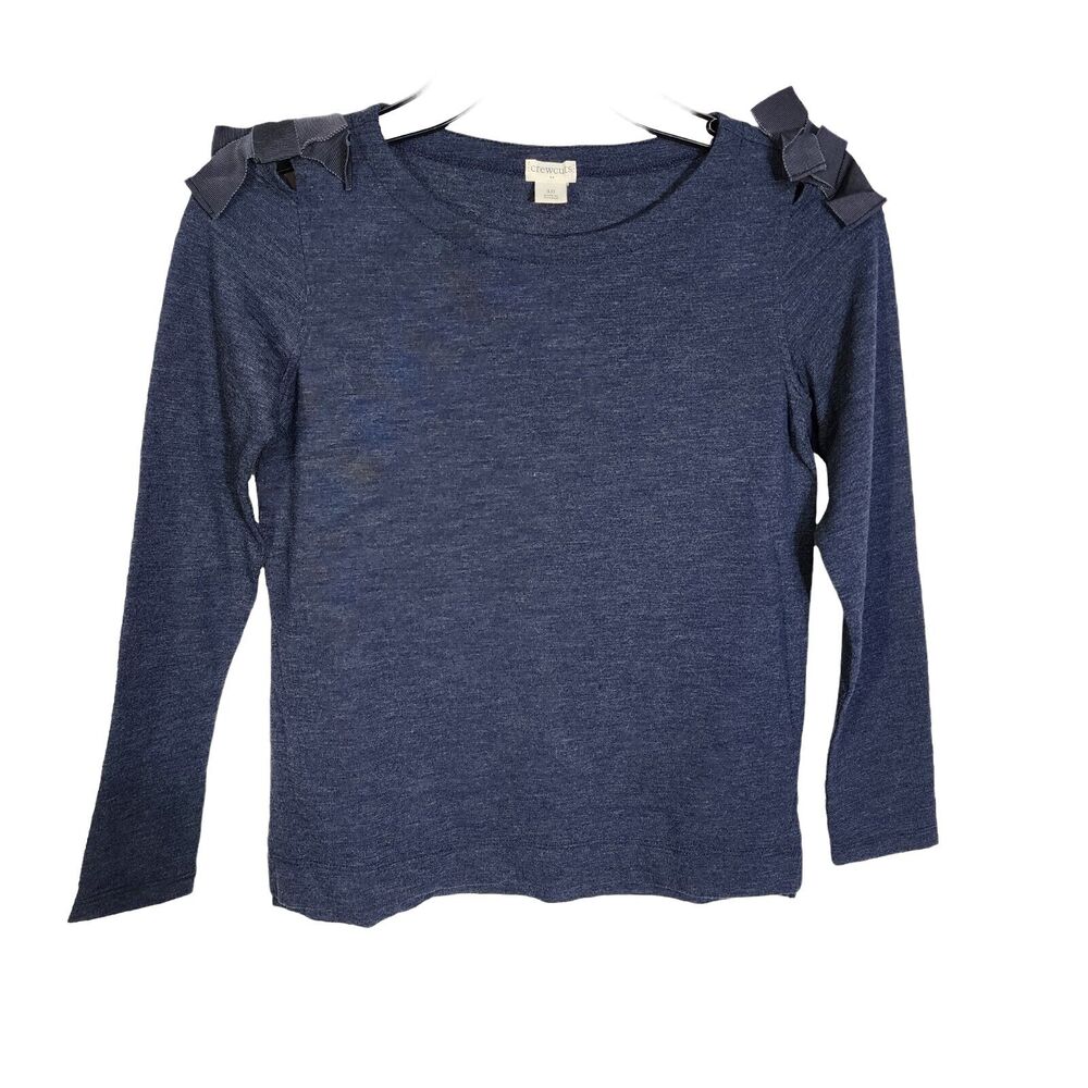Crewcuts J Crew Girls Top Size 10 Shoulder Bows Navy Blue Long Sleeve Crew Neck